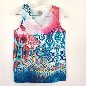 CHICO'S Ikat Print Sleeveless Top V-Neck Knit Tank Blue Pink White Sz 0 Small